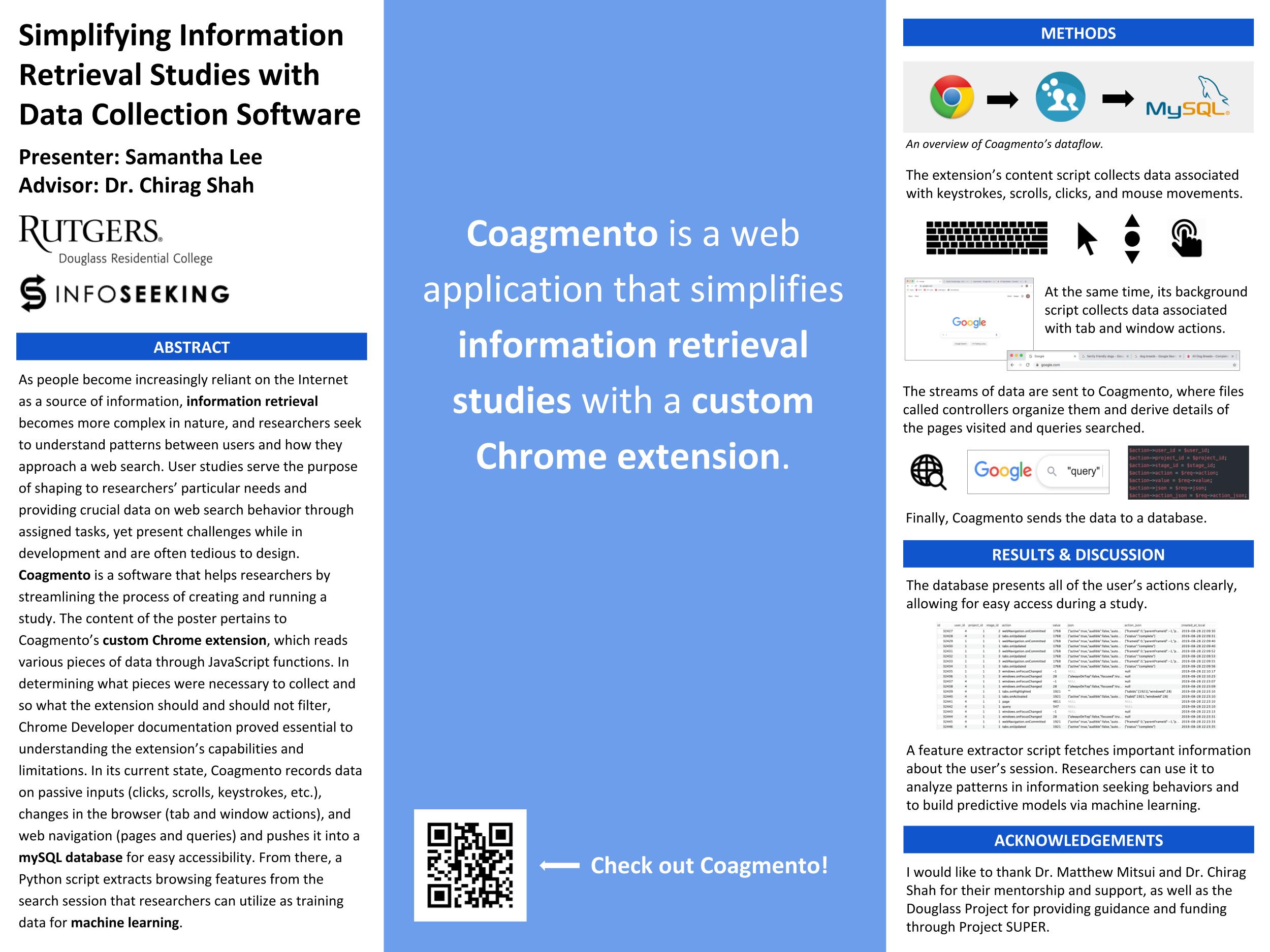 A research symposium poster detailing Sam's work developing a Chrome extension for Coagmento. It links to a PDF version.
