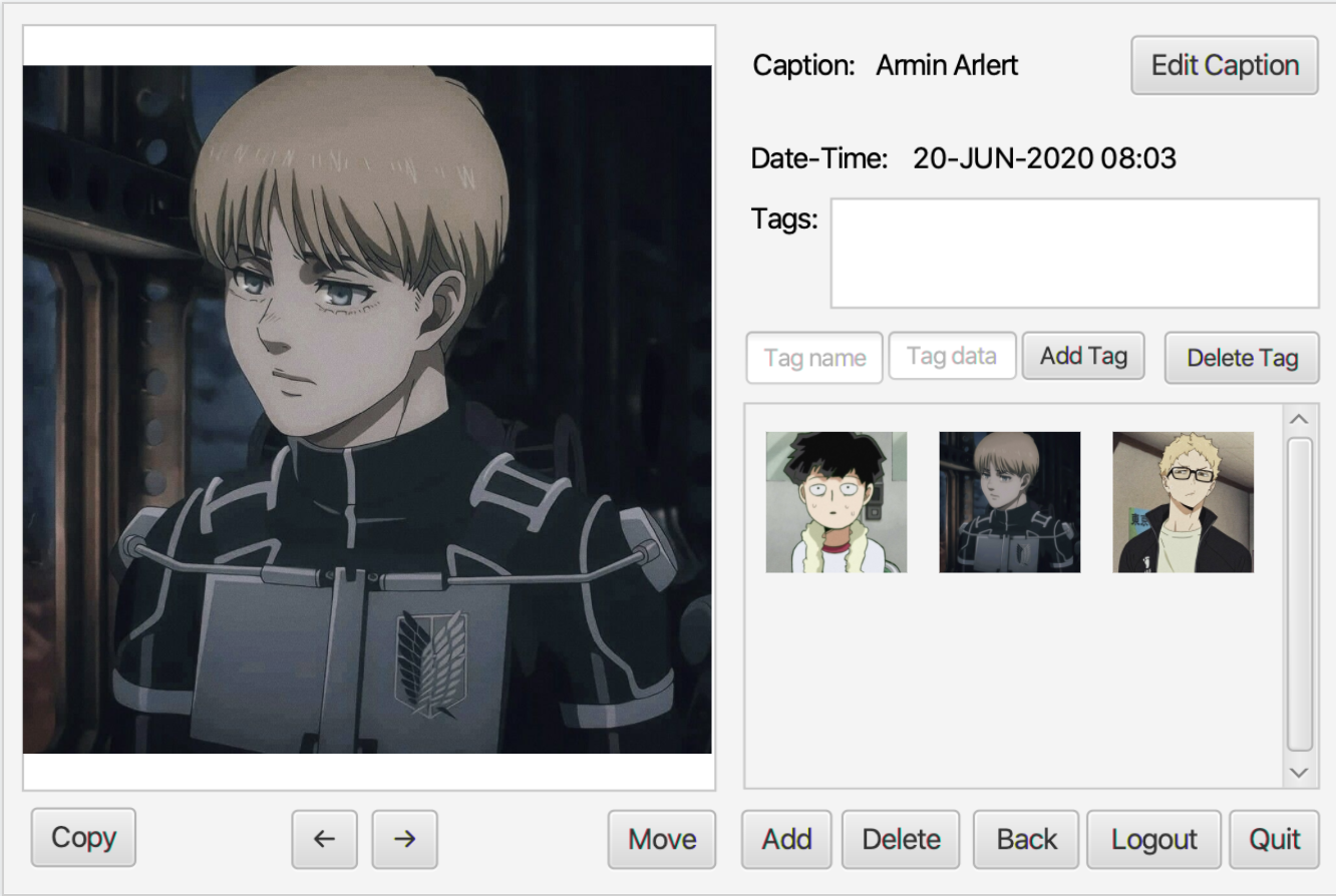 A JavaFX GUI of an album and photo display. Taking up the entire left slide, the display is currently selecting a picture of Armin Arlert, the best character from Attack on Titan. The right side displays details (an arbitrary caption and date time), and the photo has no tags. Below the details, there is a scrolling panel with all the images currently in the album. The images are Mob from Mob Psycho 100, Armin, and Tsukishima Kei from Haikyuu!!. These characters are top-tier.