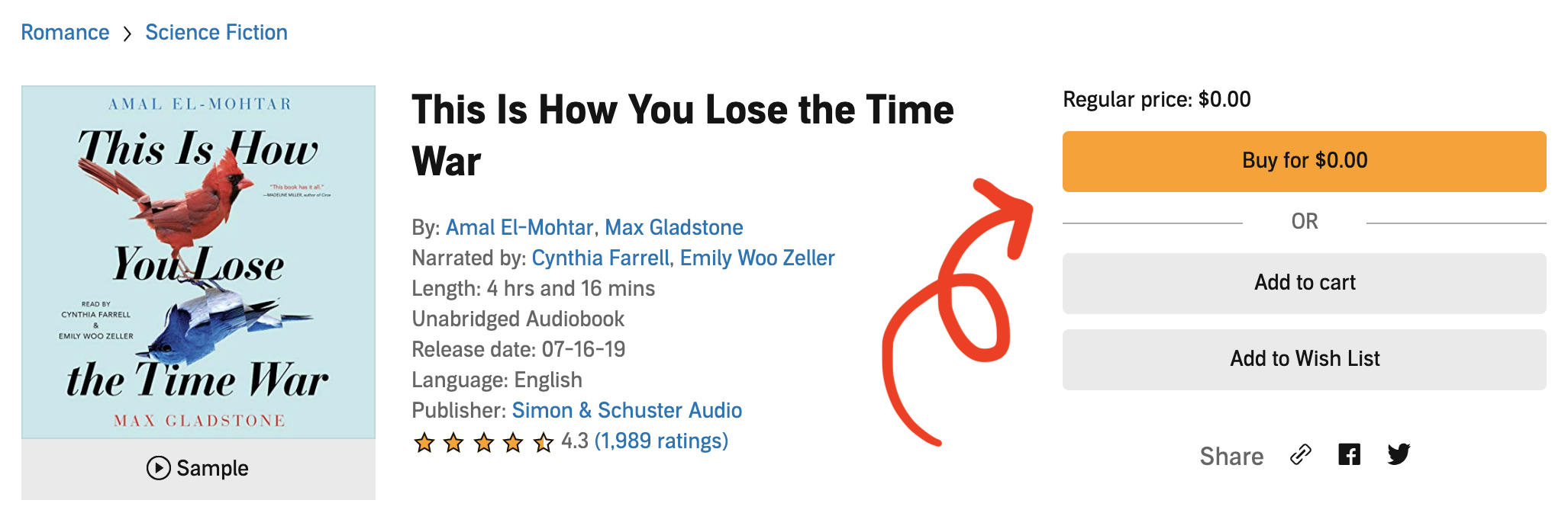 A picture of the product detail page of an Audible audiobook. A red arrow points to the buybox, a section to the left of the screen that lists all options available to the user: 'Buy for $0.00', 'Add to Cart','Add to Wish List', etc.